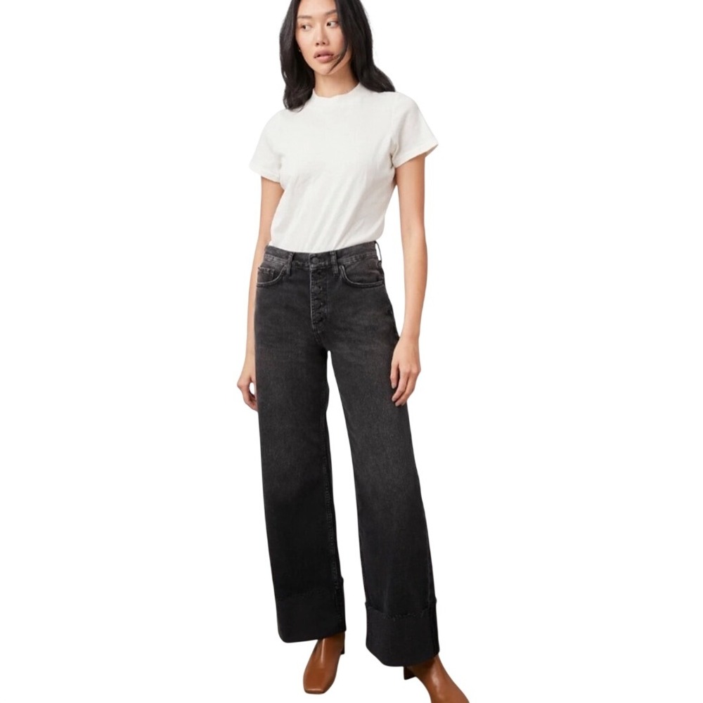 Rails The Getty Jeans Womens 29 Black High Rise Wide Leg Button Fly Raw Cuff NEW